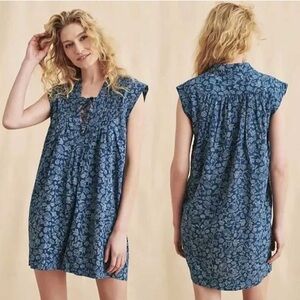 Faherty B. Yellowtail x Cameo Cove Indigo Navy Floral Lace Up Mini Dress S